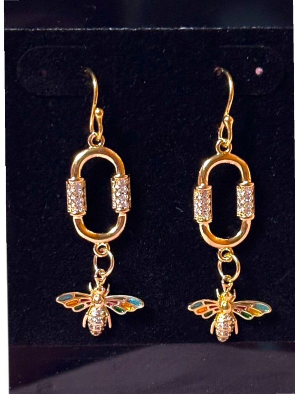 Gold Filled Bee Earrings Paperclip CZ Enamel Dangle Handmade 18KT - Picture 13 of 13